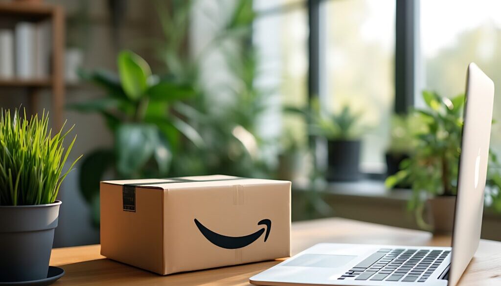 Modern Workspace with Amazon Delivery Box